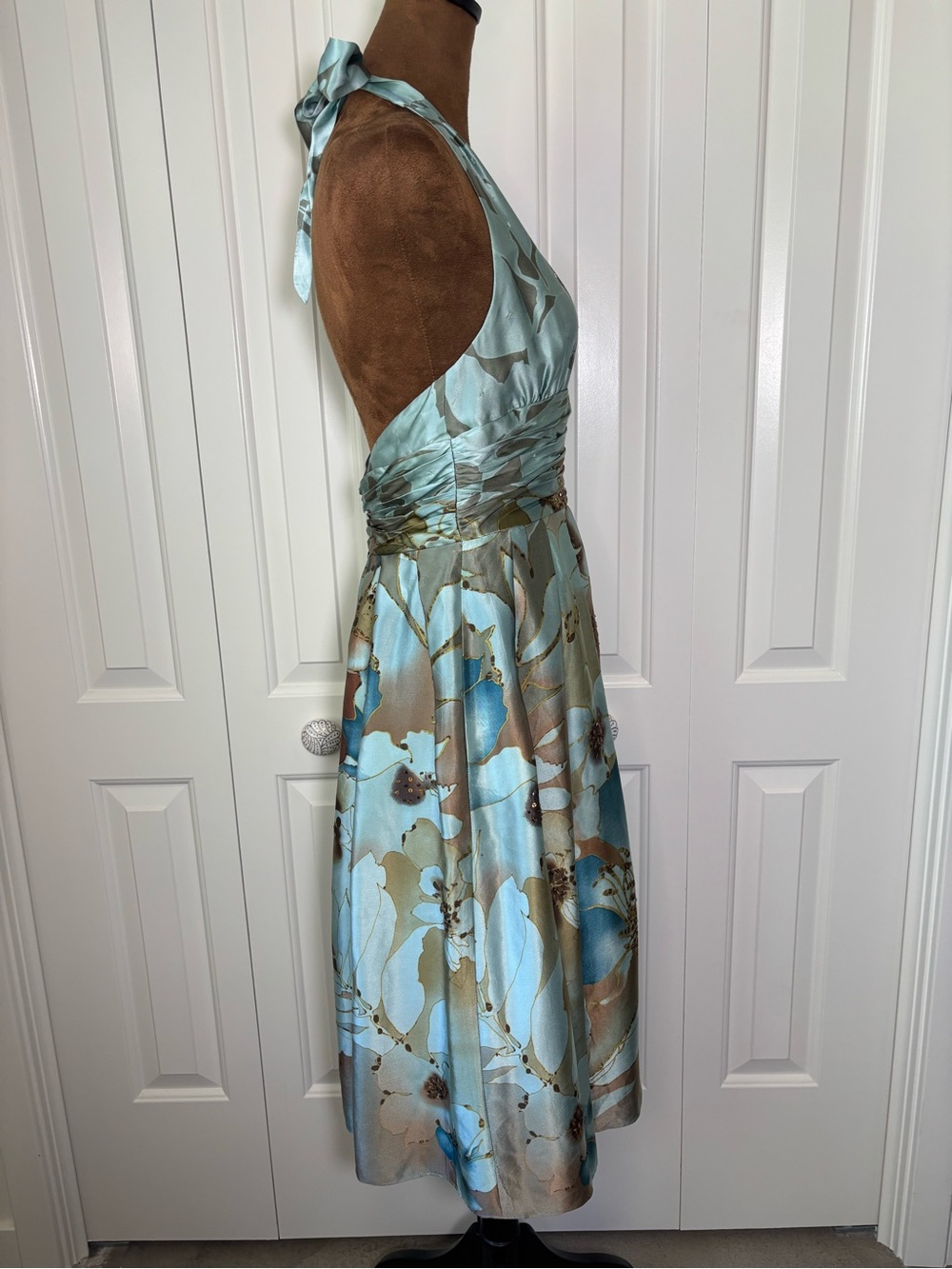 Vtg Y2K Adrianna Papell 100% Silk Halter Dress Watercolor Floral Sequin Size 4 - Picture 4 of 14